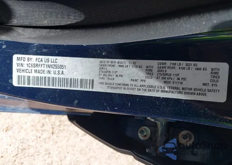 2022 Ram 1500 Lone Star 4X4 5'7 Box z USA, uszkodzony, nr VIN 1C6SRFFT1NN255051